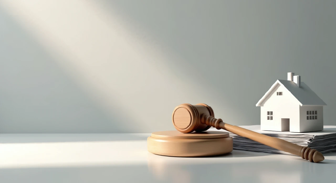 image of an auction gavel next to a miniature house on top of some paper documents