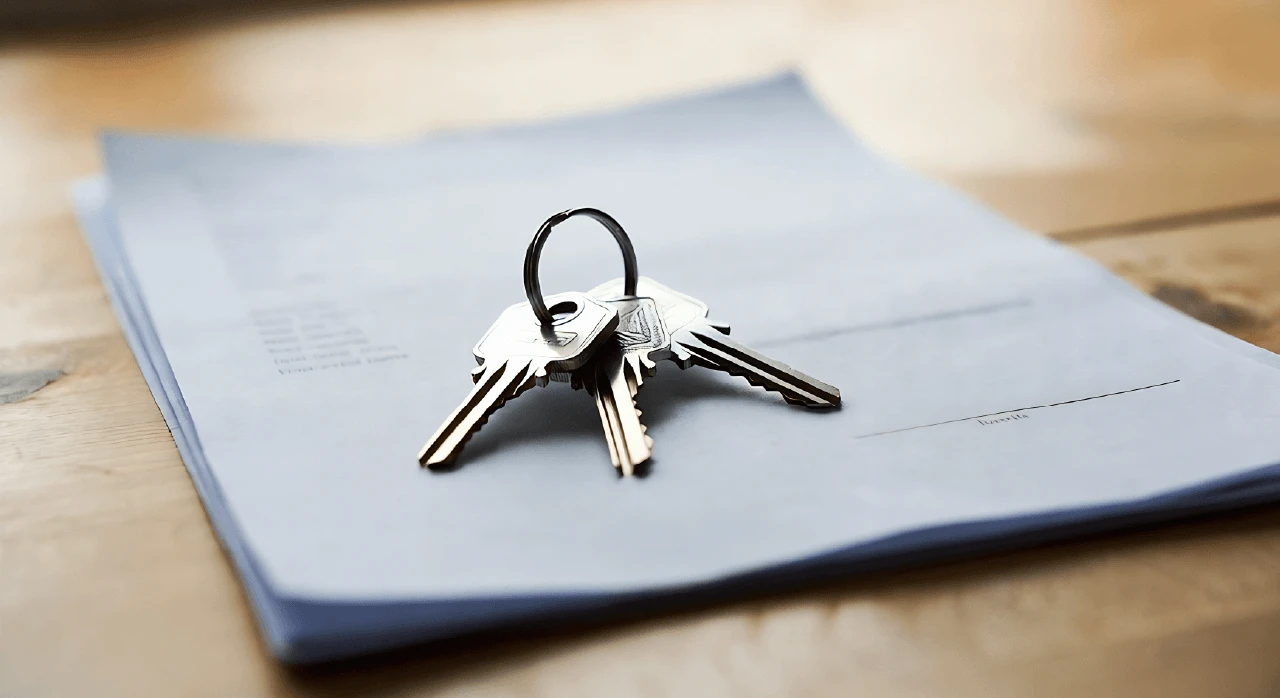 stack of papers on a wooden desk with a set of keys on top